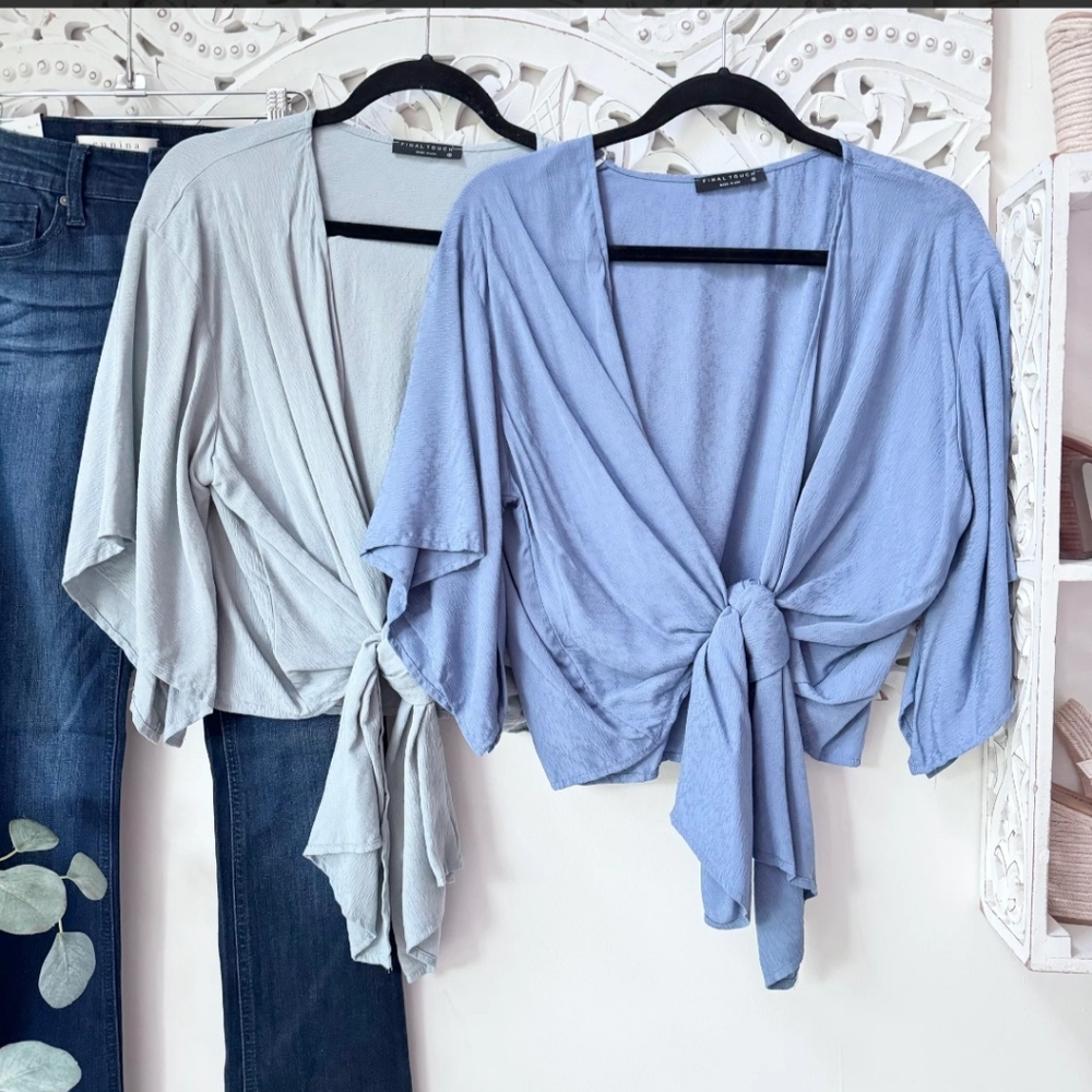 Final Touch Dusty Blue Tie-Front Cropped Bolero With Flutter Sleeves